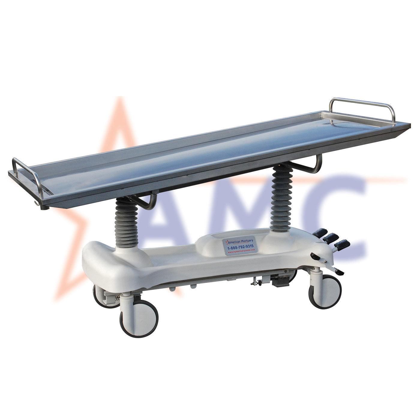 Affordable mortuary equipment: American mortuary cooler gurney with adjustable height and sturdy design.