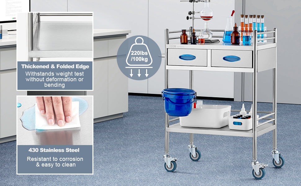 Durable stainless steel instrument cart with two tiers and drawers. 