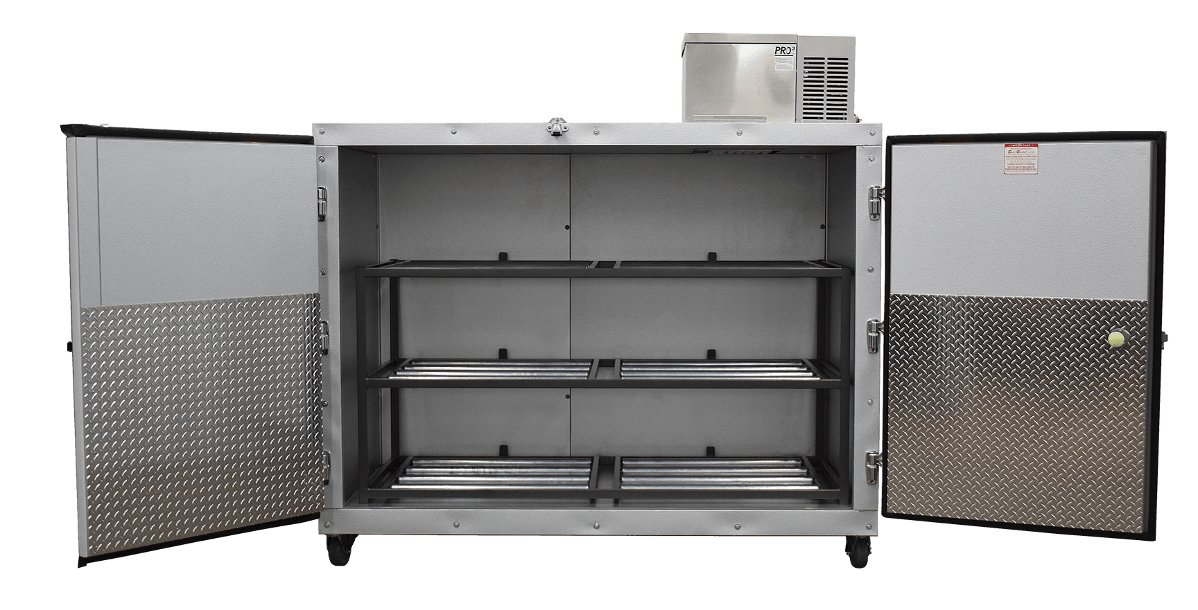 American Mortuary Coolers 3BX-SL side-loading mortuary cooler, white exterior, two large doors, optional casters.