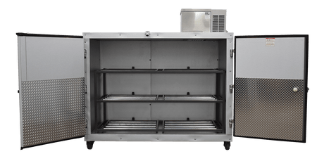American Mortuary Coolers 3BX-SL side-loading mortuary cooler, white exterior, two large doors, optional casters.