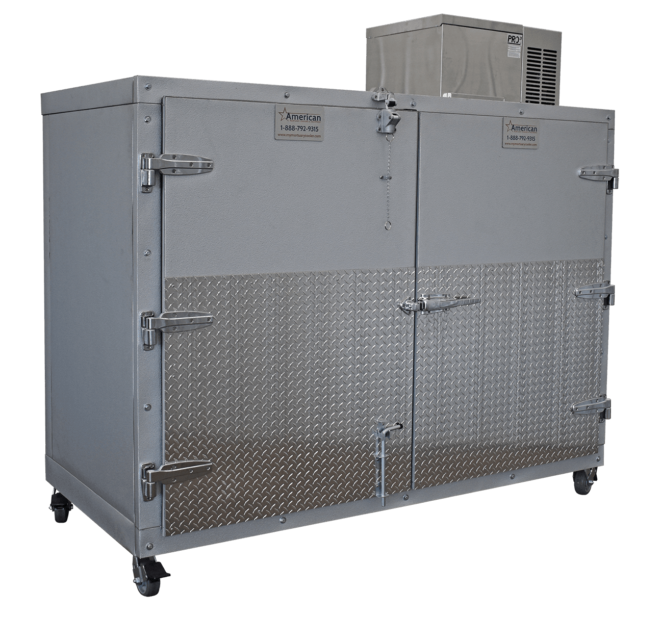 3BX-SL mortuary cooler, side-loading, 3-body capacity, 110V plug-in, chrome hardware, optional casters.