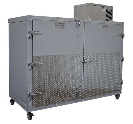 3BX-SL mortuary cooler, side-loading, 3-body capacity, 110V plug-in, chrome hardware, optional casters.