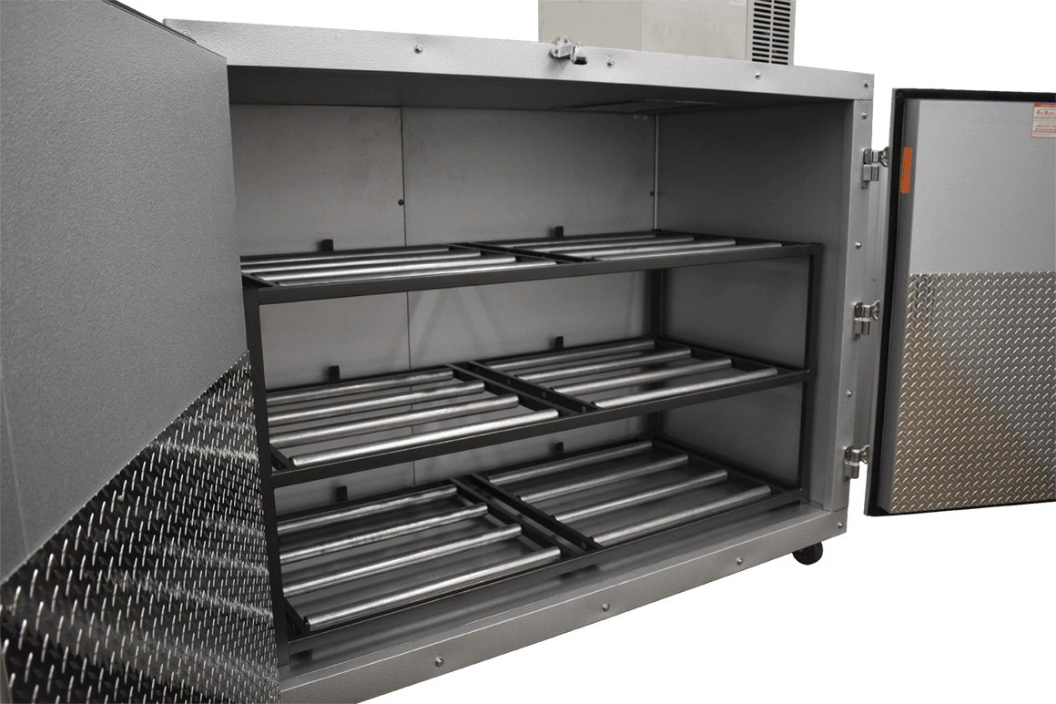 American Mortuary Coolers 3BX-SL, extra-large side-loading mortuary cooler, white finish, optional casters for mobility.