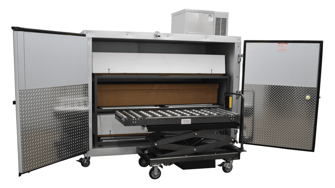 Image of the American Mortuary Coolers 3BX-SL, a white, 3-body side-loading mortuary cooler with two large doors, shown with optional casters, highlighting its plug-and-play 110V operation.