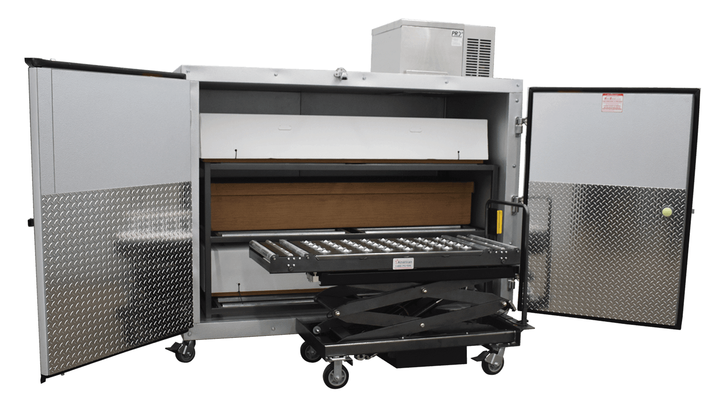 Image of the American Mortuary Coolers 3BX-SL, a white, 3-body side-loading mortuary cooler with two large doors, shown with optional casters, highlighting its plug-and-play 110V operation.