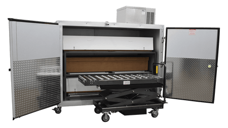 Image of the American Mortuary Coolers 3BX-SL, a white, 3-body side-loading mortuary cooler with two large doors, shown with optional casters, highlighting its plug-and-play 110V operation.