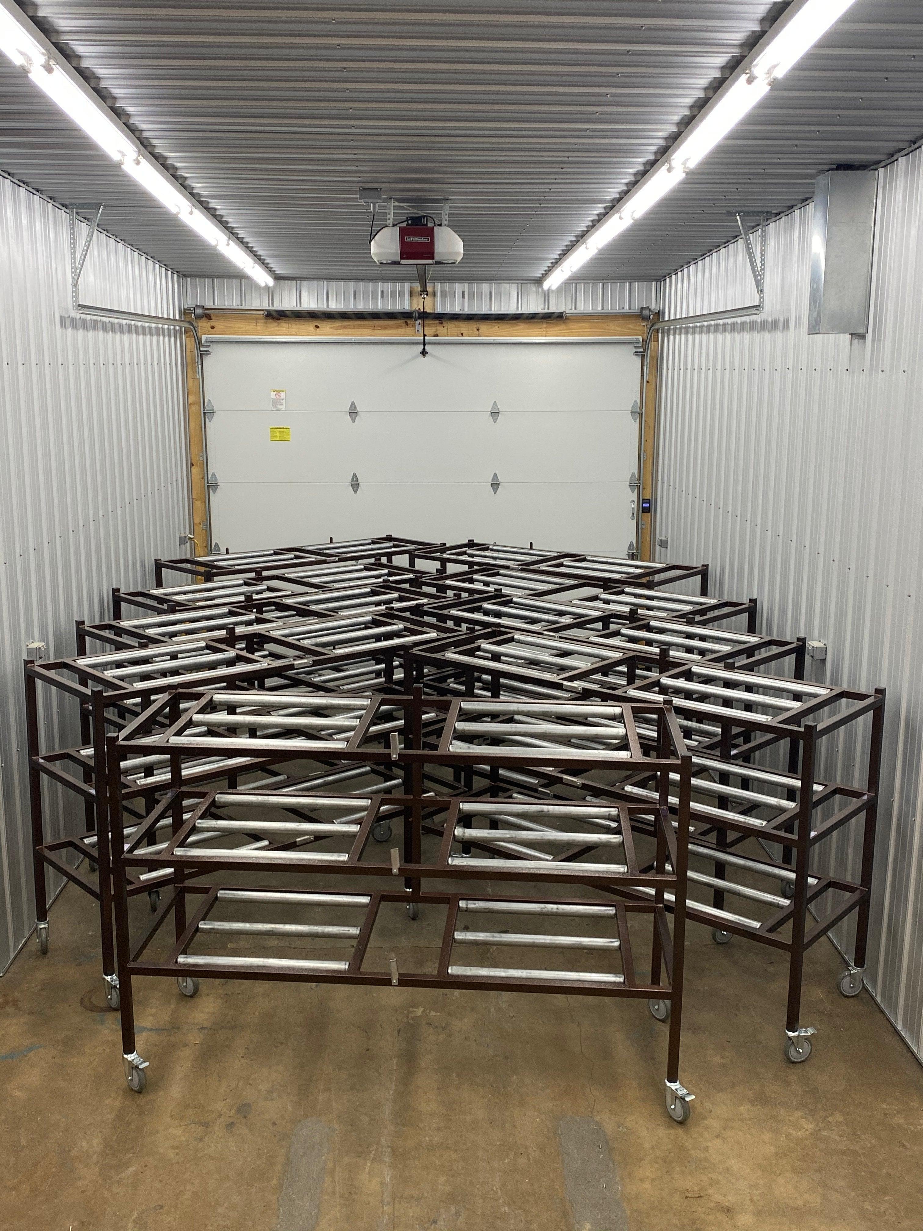 American-made 3-tier side loading mortuary rack for cadaver storage, featuring durable steel construction, custom sizes, powder coat options, and quick ship availability.