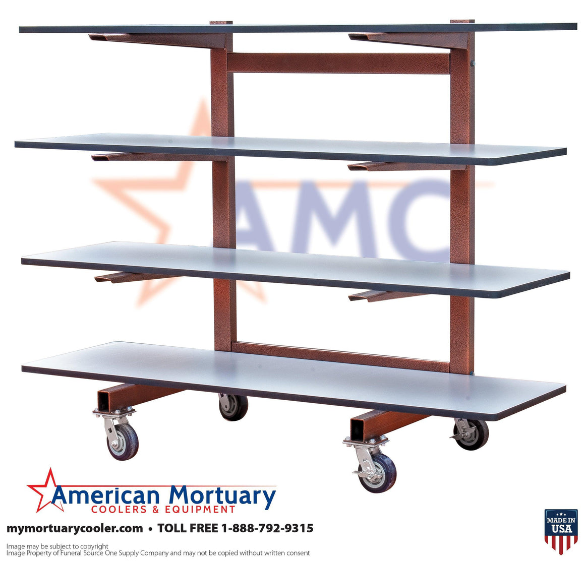 #4T-C Mortuary Storage Rack | 4-Tier Cantilever | Body Trays, Caskets, Cremation Storage - American Mortuary Coolers Powered by Funeral Source One Supply Company